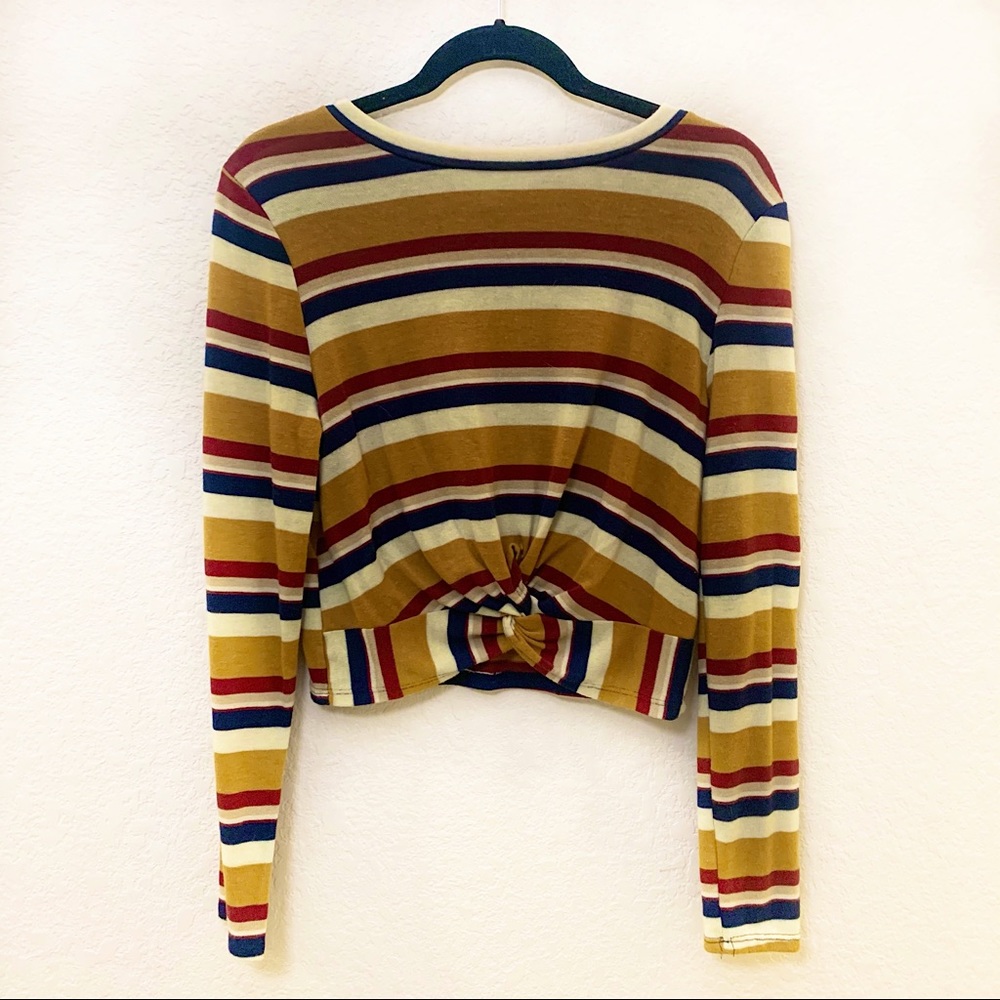 Long Sleeve, Tie Front, Striped Crop Top